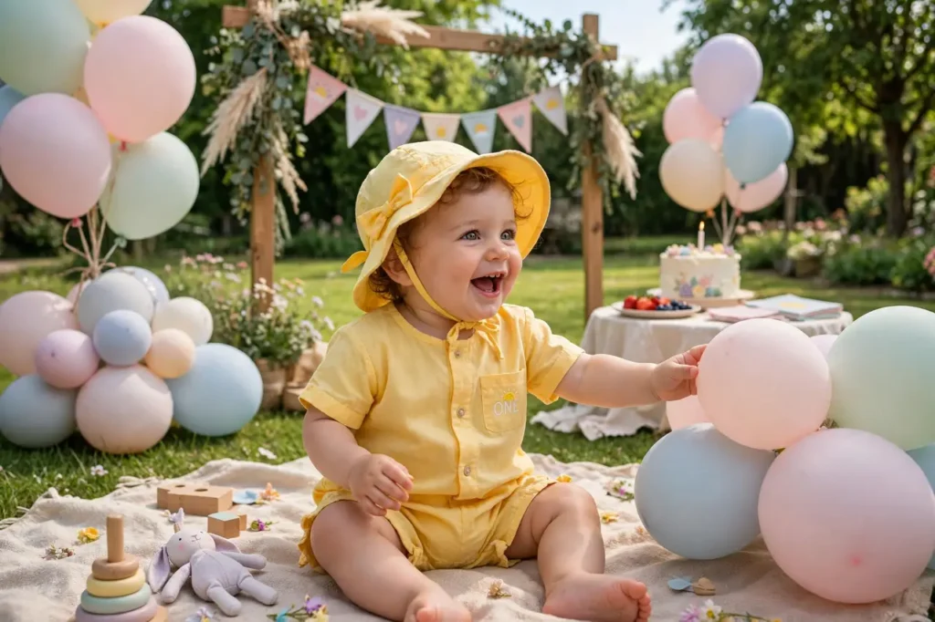 Baby in sunny yellow summer first birthday outfit romper