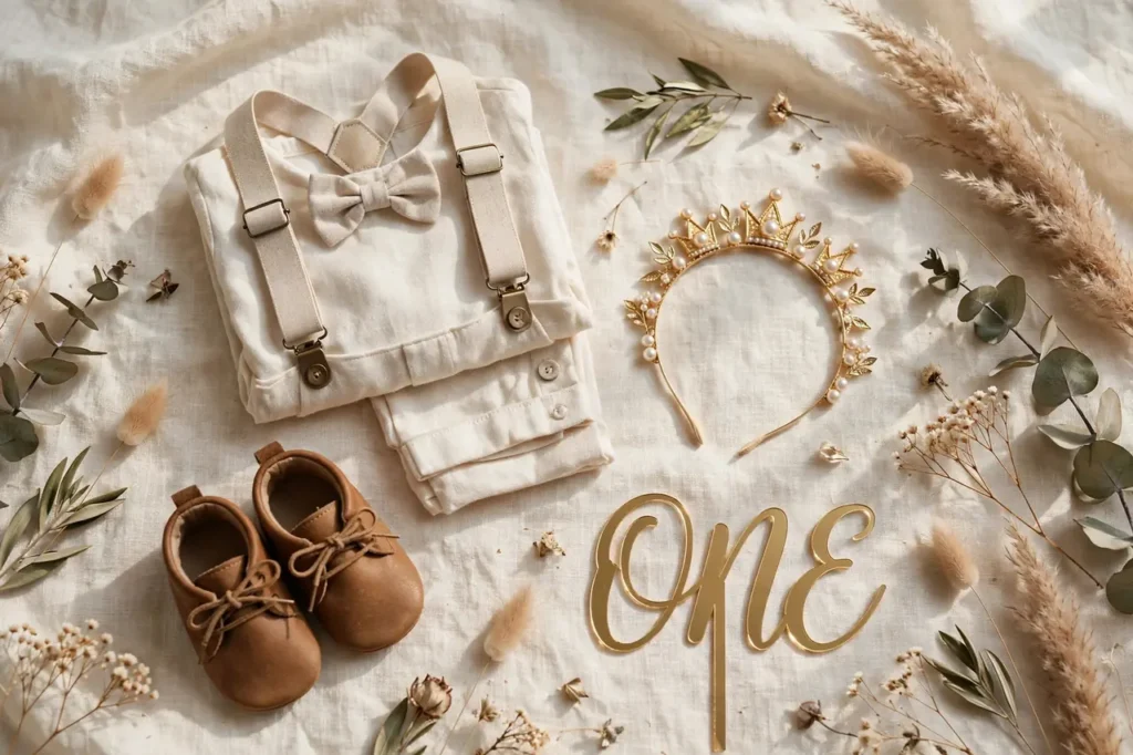 First birthday photoshoot outfit flat lay with cake smash outfit and props