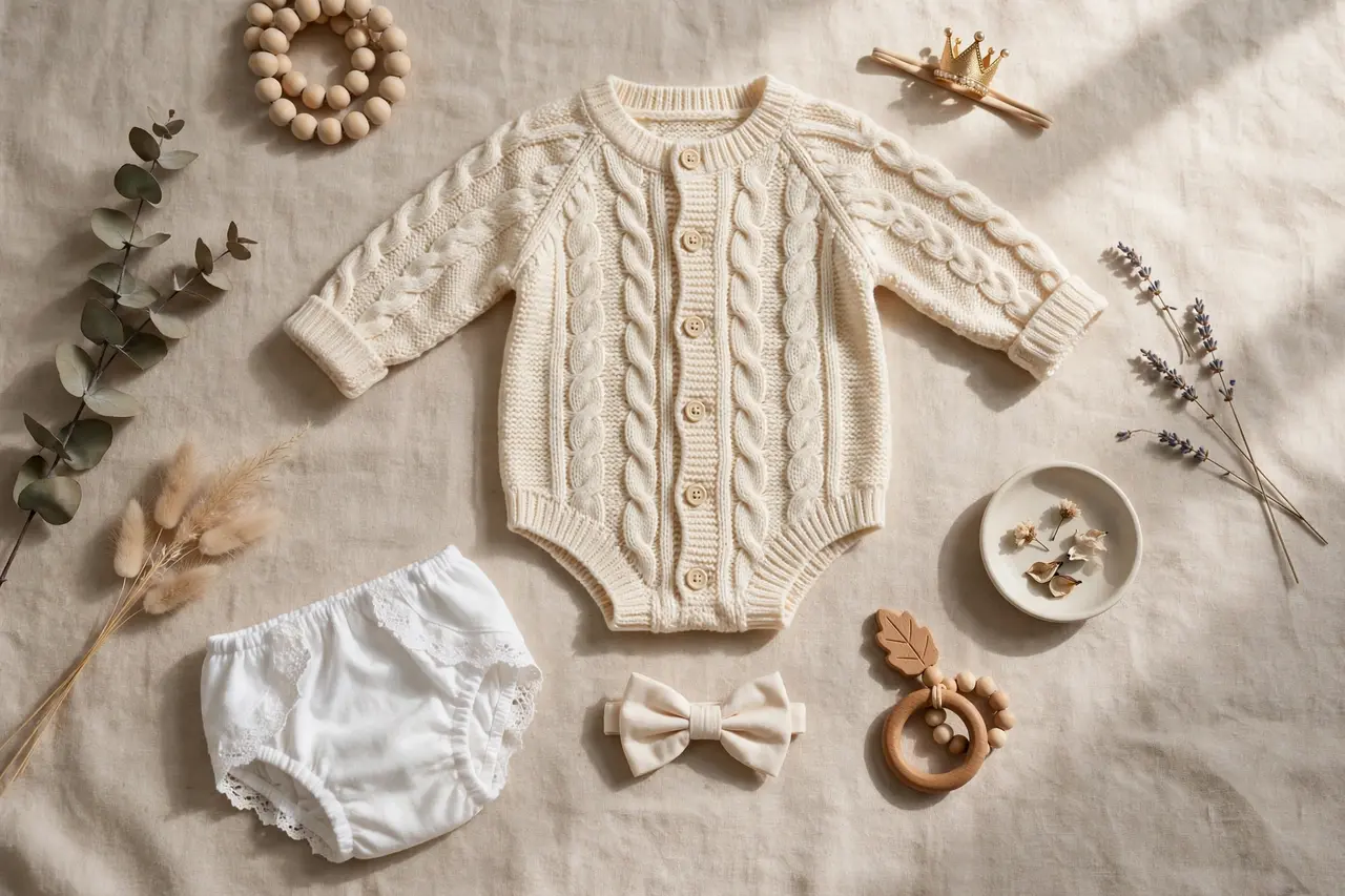 Smash cake photoshoot outfit flat lay with knit romper, crown and bow tie