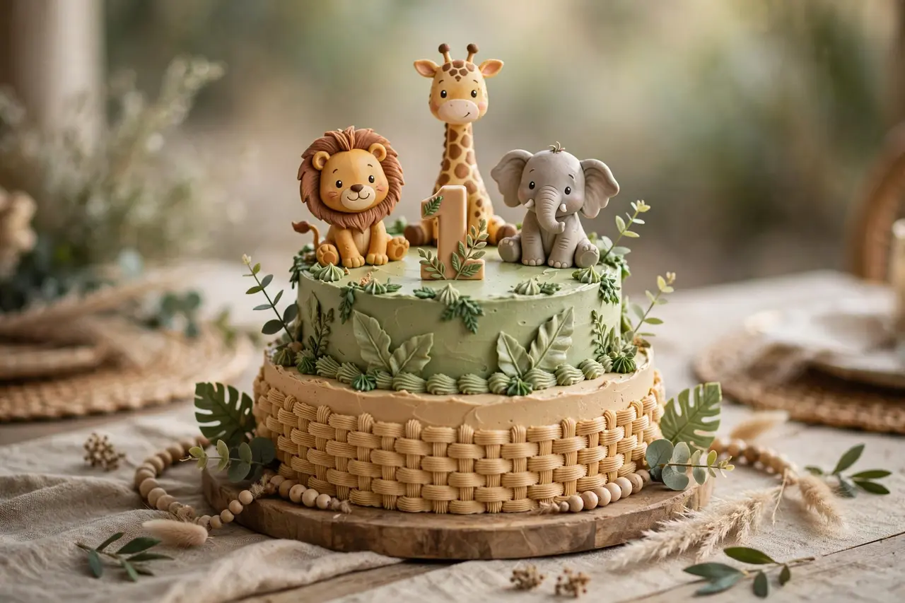 Safari themed first birthday cake with animal toppers