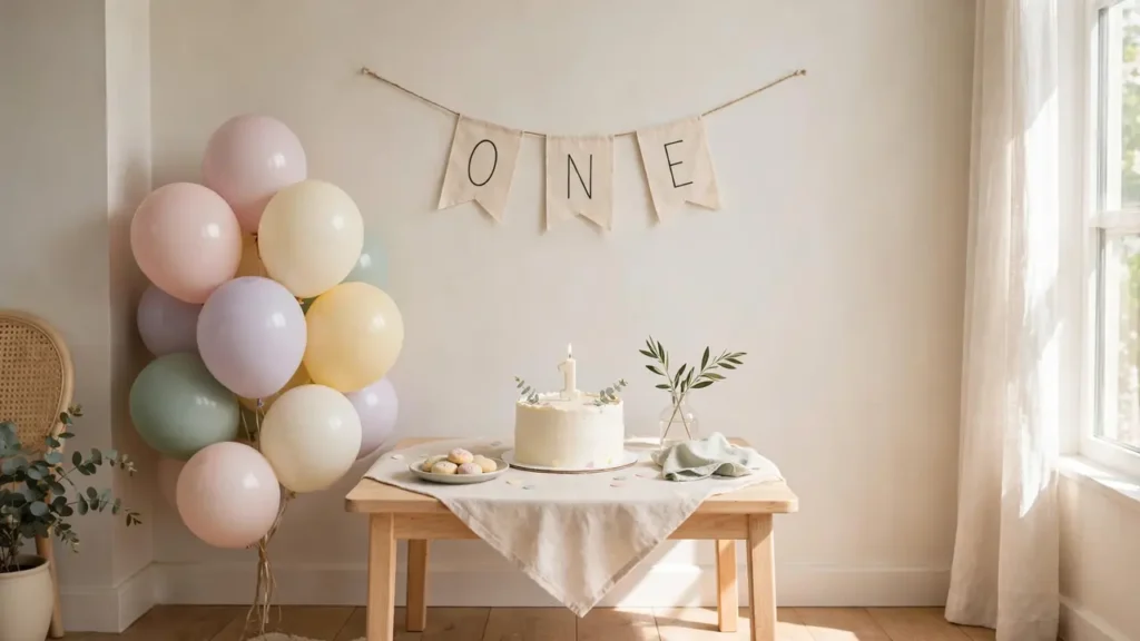 Simple birthday decorations for a first birthday: pastel balloons, ONE banner, and a white cake on a minimal cake table