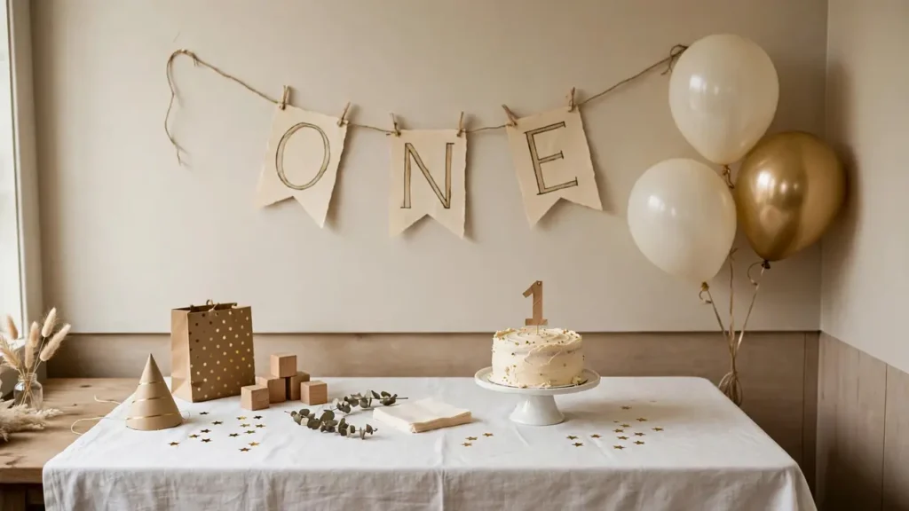 Budget-friendly simple birthday decorations: cream and gold balloons with a homemade ONE banner behind a smash cake table