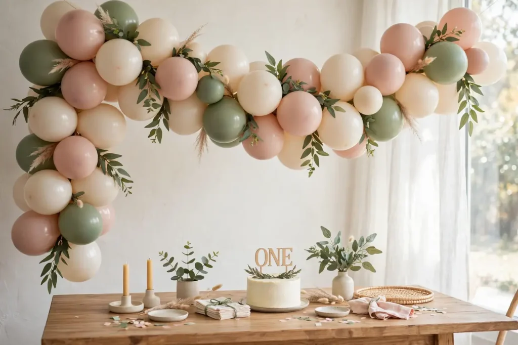 Easy DIY simple birthday decorations: blush, cream, and sage balloon garland above a first birthday party table