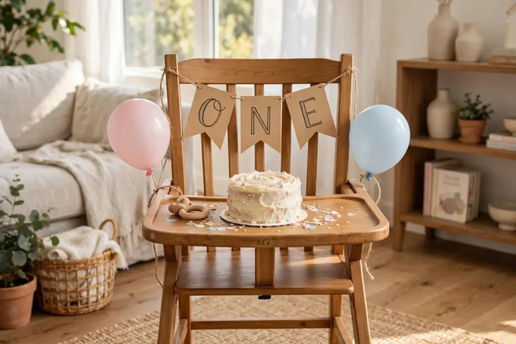 Simple birthday decorations for the high chair: handmade ONE banner, pastel balloons, and a smash cake on the tray