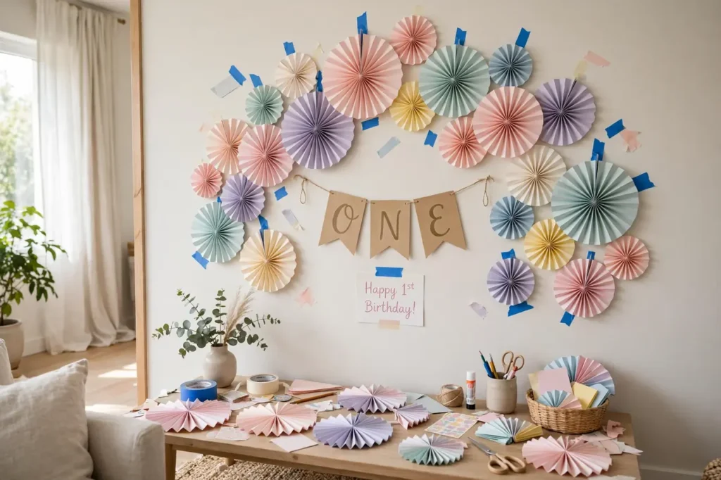 DIY simple birthday decorations: arranging pastel paper fans on the wall for a first birthday photo backdrop