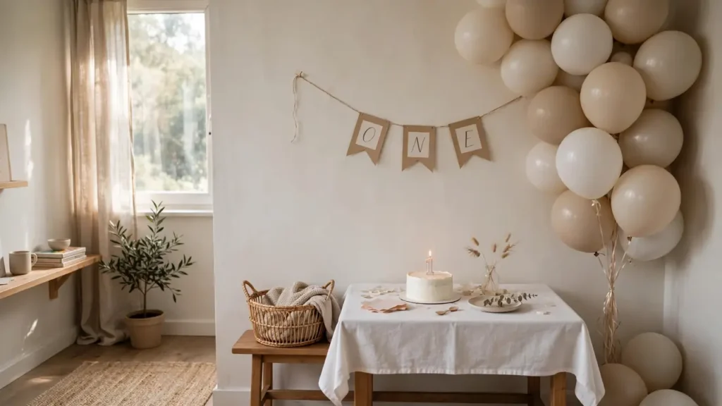 Simple birthday decorations in a small apartment: balloon corner, banner, and a minimal cake table by the window