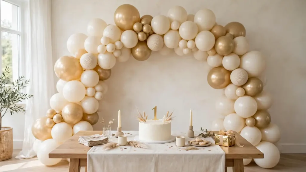 Simple birthday decorations with one statement: cream and gold balloon arch backdrop behind the first birthday cake table