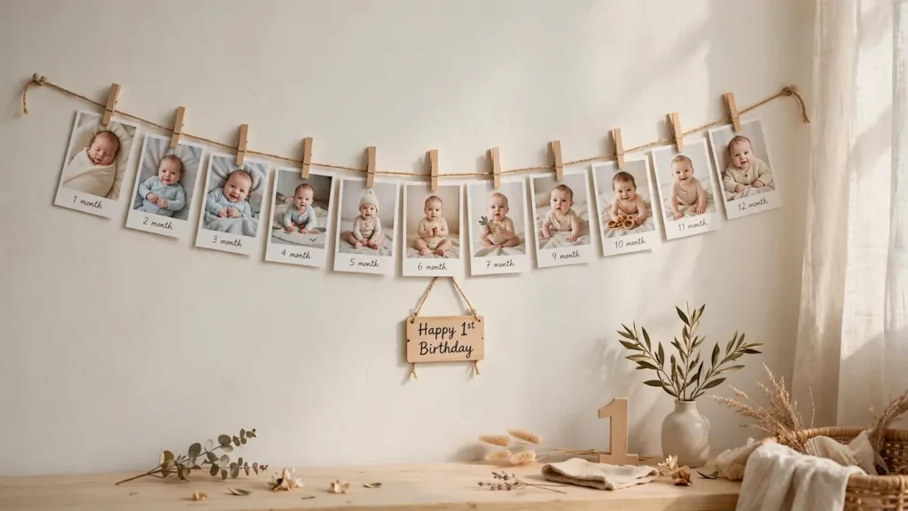 Simple birthday decorations photo corner: monthly baby photos on twine with a Happy 1st Birthday sign