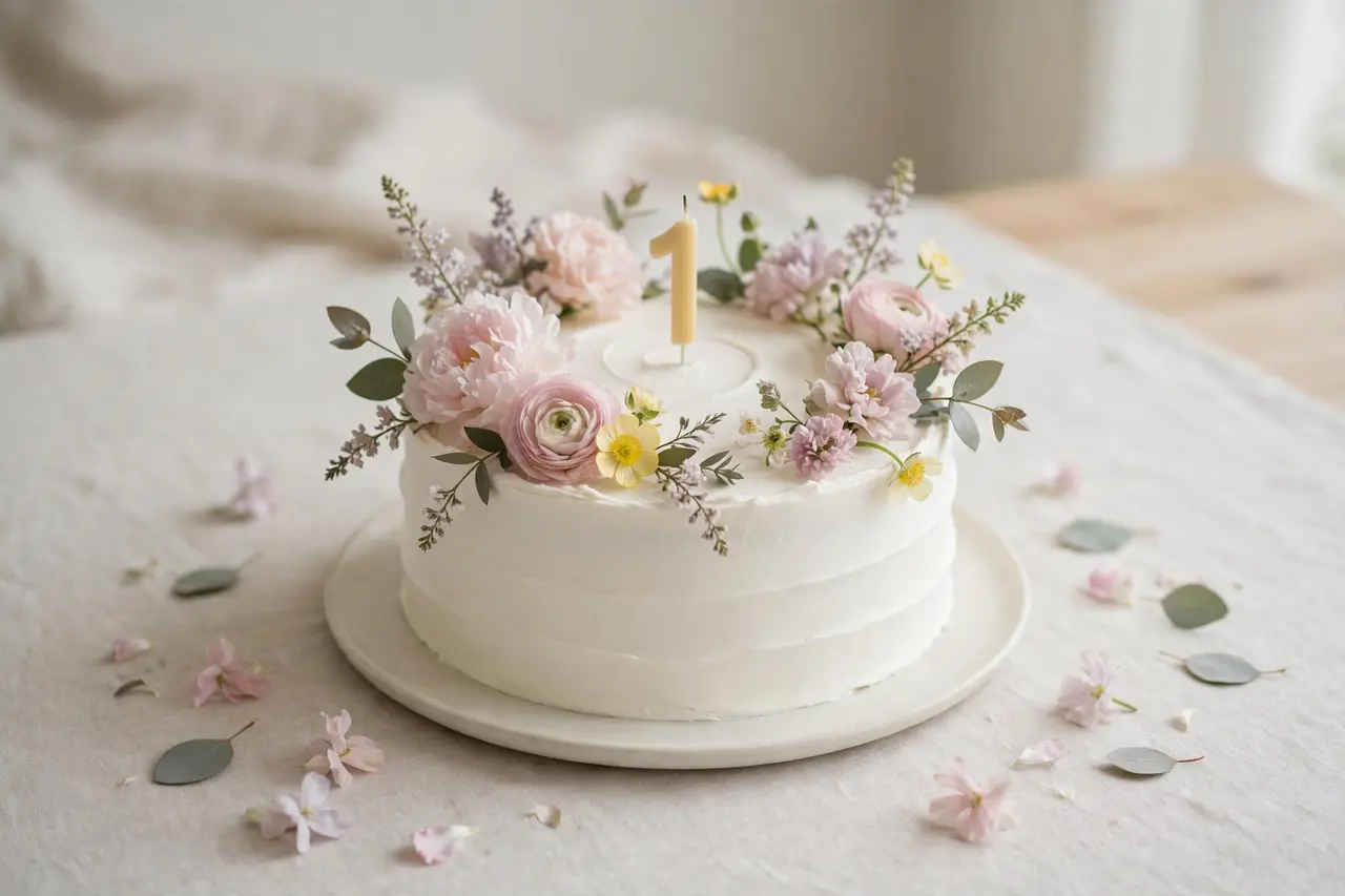 Simple white first birthday cake with pastel flowers
