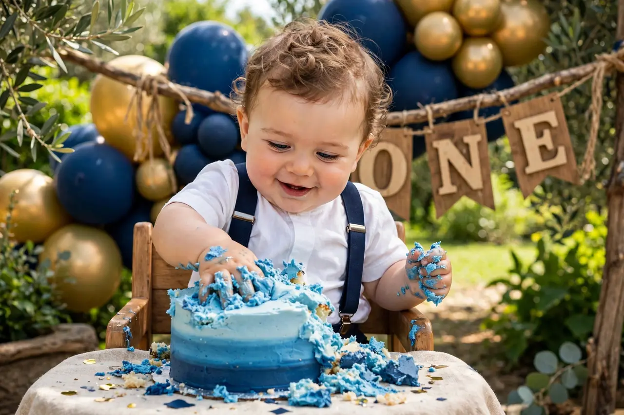 Baby boy smashing a blue ombré cake — cute smash cake ideas for boys