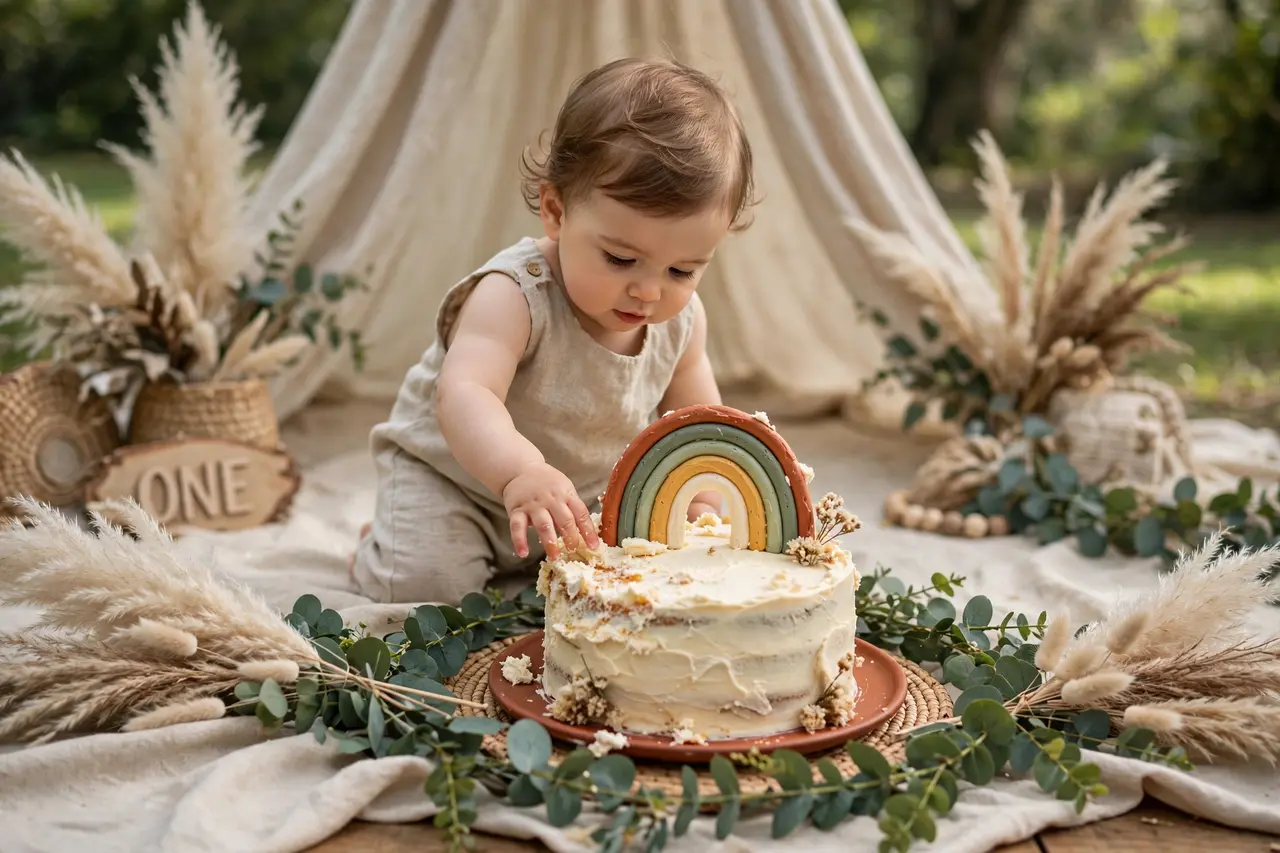 Boho rainbow smash cake setup — trendy smash cake ideas