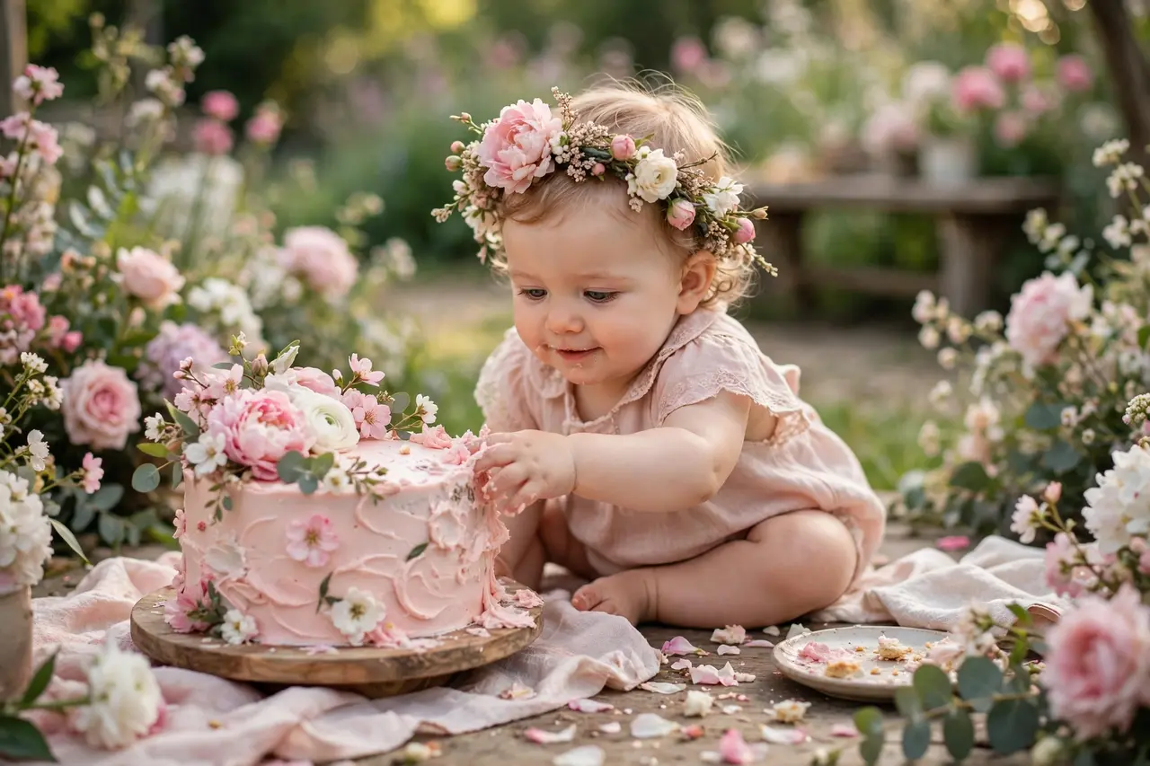 Blush floral smash cake with flower crown baby — pretty smash cake ideas for girls