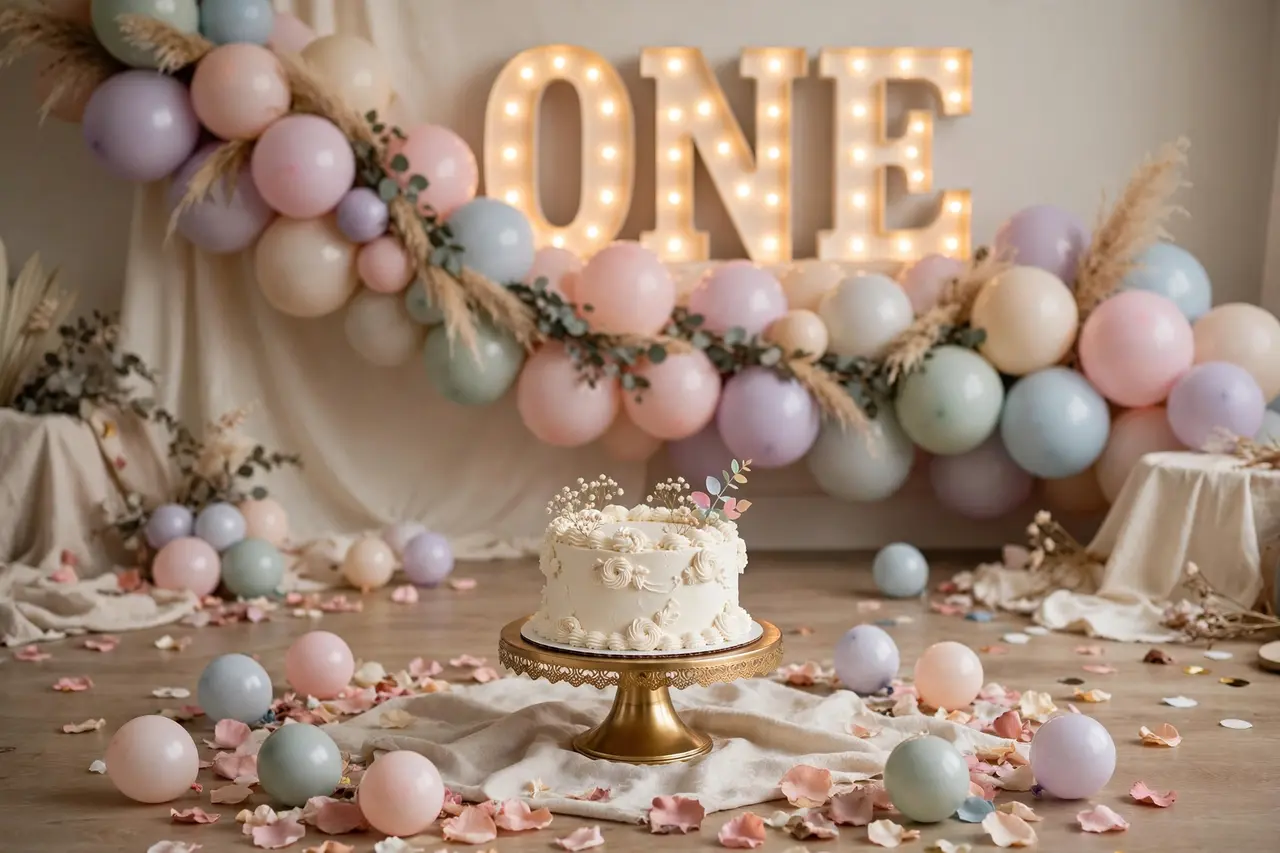 Cake smash photoshoot setup with balloon garland — smash cake ideas photoshoot setup