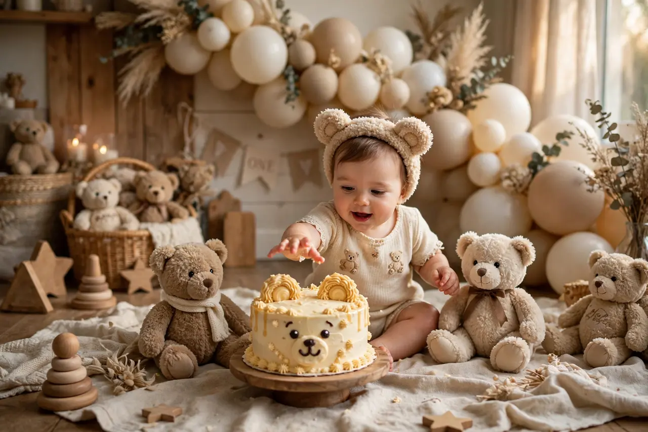 Teddy bear smash cake with baby — themed smash cake ideas