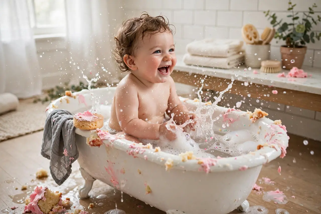 Bubble bath splash cleanup after a smash cake photoshoot