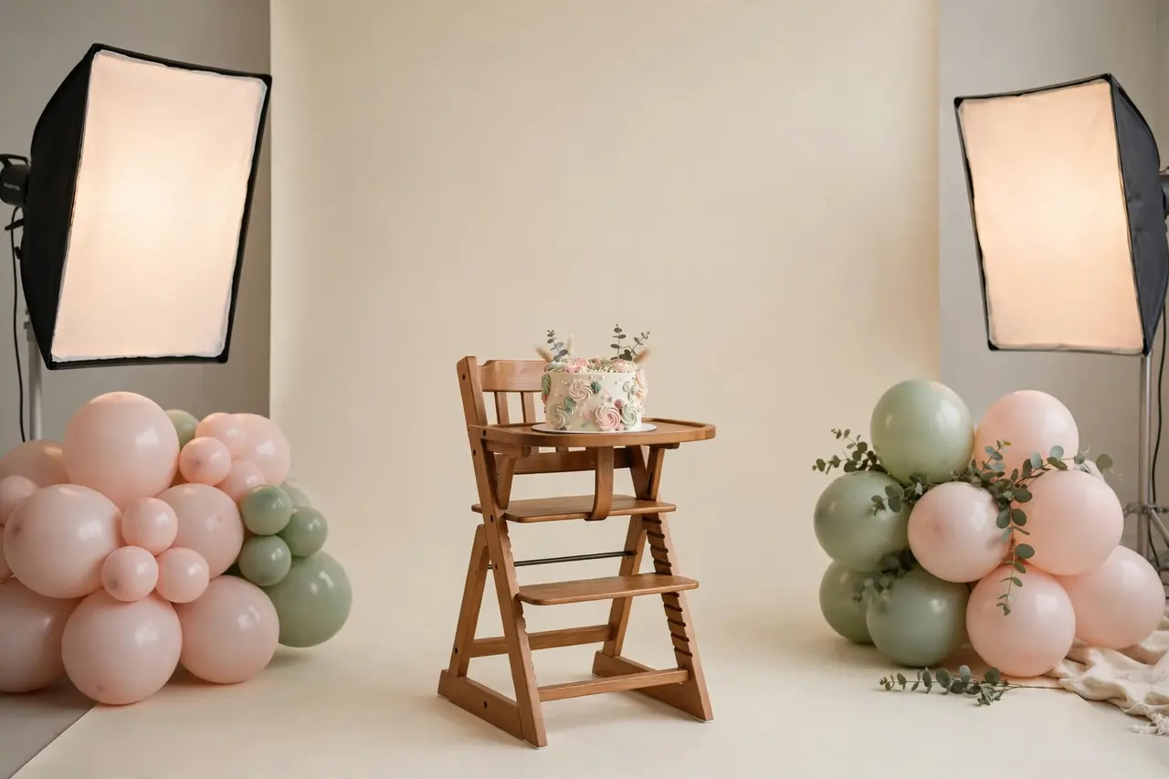 Studio smash cake photoshoot setup with cream backdrop and pastel balloons
