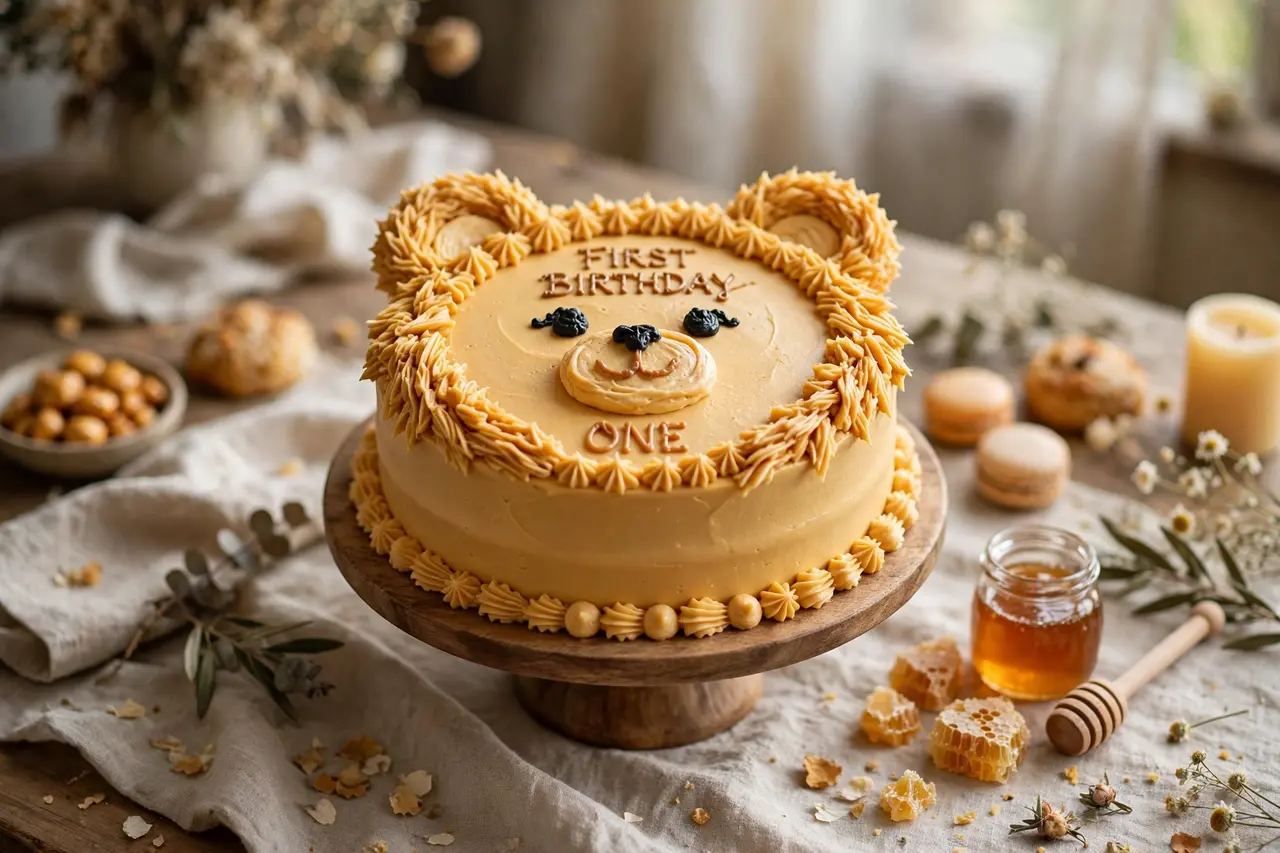 Teddy bear first birthday cake with piped bear face