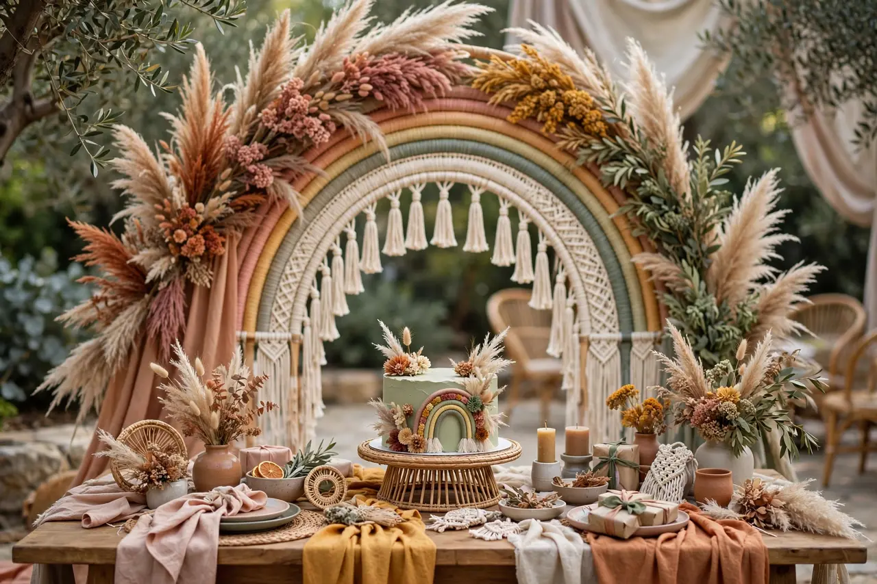 Boho rainbow birthday party themes backdrop